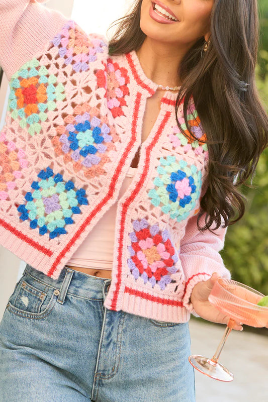 Emmie Pink Crochet Open Cardigan
